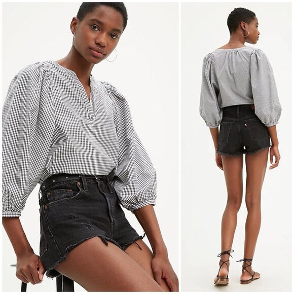 LEVI’S 501 Wise Up Black High Rise Original Denim Jeans Shorts Distressed Sz 26 - Picture 1 of 15